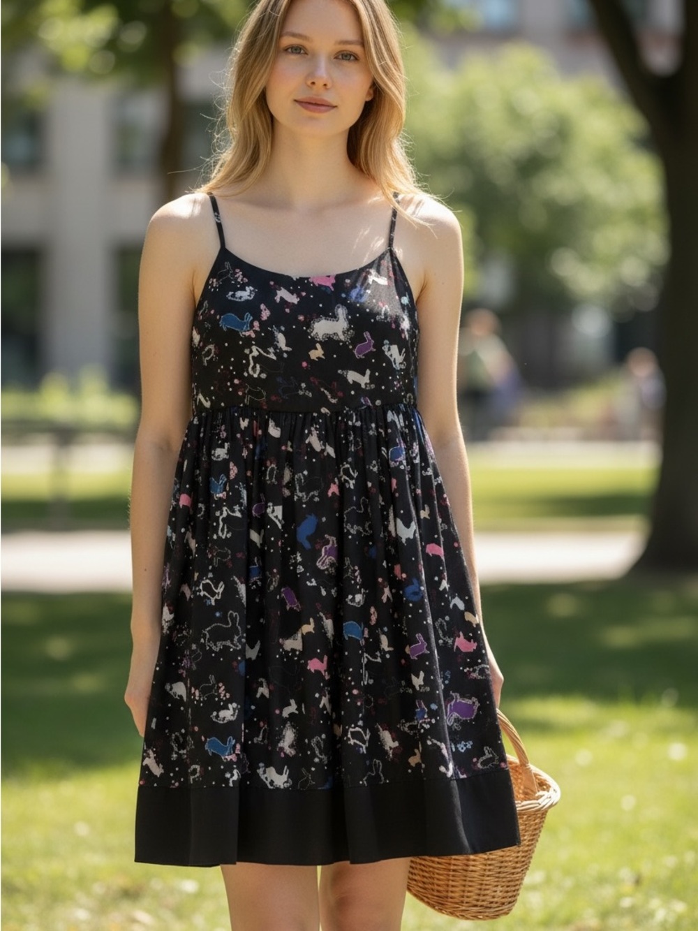ERIN by Erin Fetherston Black Midi Dress with Pink, Blue, Purple and Cream Motif